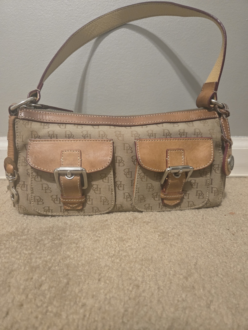 Dooney & Bourke Beige Canvas Shoulder Bag with Tan Leather Trim